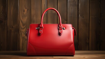 Women's bag made of red leather on a wooden background. A beautiful, bright women's accessory.