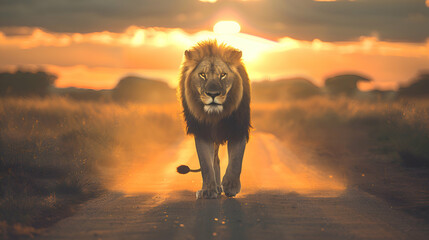 Single lion walking in a road with the Sun from behind