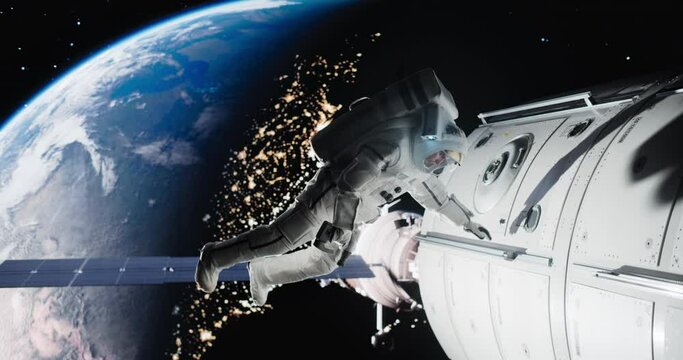 Space Technician Mending a Panel on an International Space Station with an Automatic Screw Gun. Fearless Astronaut Working in Outer Space with Gorgeous Blue Planet in the Background 