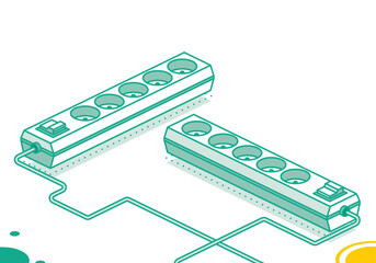Electrical power socket strip. Isometric outline concept. Two objects. Modern electric extension cord. Powerboard with five slots.