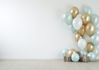 A minimal and elegant scene featuring balloons in shades of blue, green or gold, arranged on the floor with small gift boxes.