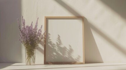 Blank square wooden frame near lavender flowers in a clear glass vase on a table top