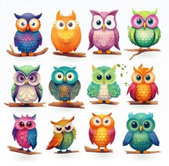 collection of cartoon owls and birds in various poses