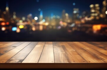 Empty wooden table top with blurred background of bar or cafe at night for product display montage, banner design.