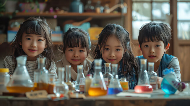 Four children are sitting around a table with various science experiment bottles