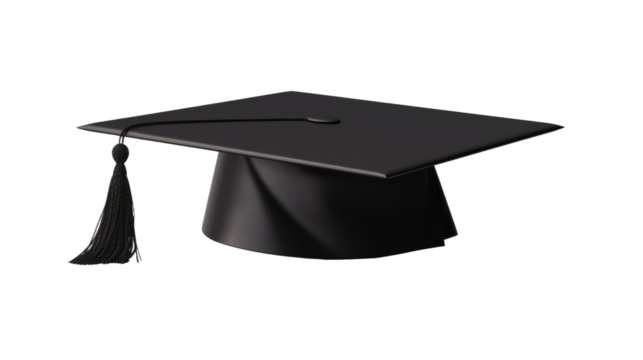 A Black Graduation Cap With a Tassel. On a White or Clear Surface PNG Transparent Background..