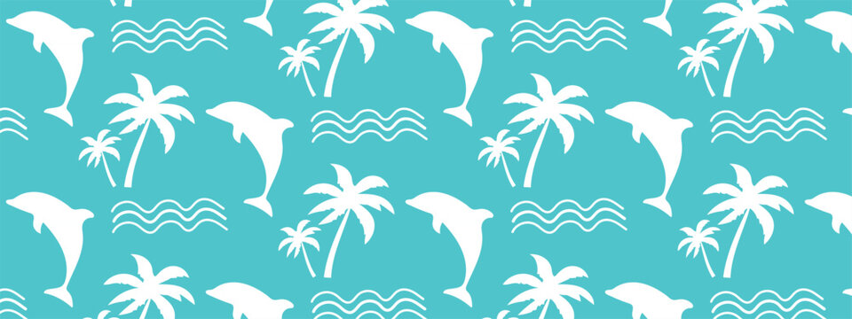 Beach seamless pattern. Marine pattern with dolphin, palm trees and waves. Summer pattern for fabric, packaging, cover.