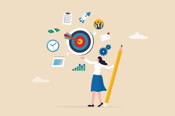 Project management or development plan, strategy or process to develop product, schedule or manage resource to achieve goal concept, businesswoman holding pencil with project management elements. - obrazy, fototapety, plakaty