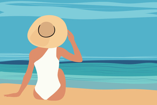 Woman on the beach, rear view. Horizontal vector flat banner with place for text. Tourism.