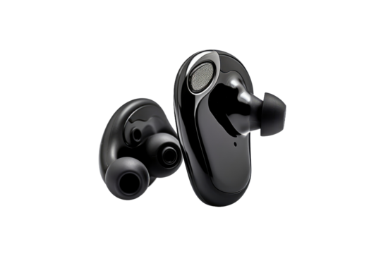 Two Black Ear Buds Side by Side. On a White or Clear Surface PNG Transparent Background..