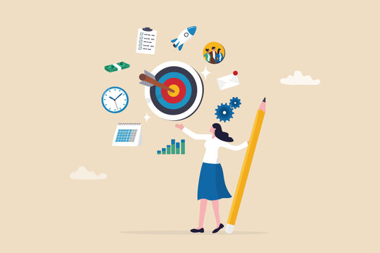 Project management or development plan, strategy or process to develop product, schedule or manage resource to achieve goal concept, businesswoman holding pencil with project management elements.