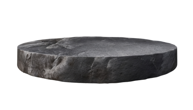 black rough rock podium, product display, design element, isolated on a transparent background. PNG, cutout, or clipping path.