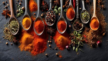 Colorful spices arranged in bowls on a dark background. Generative AI
