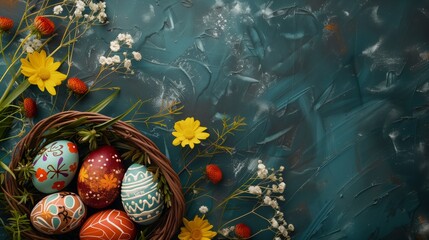 Fototapeta premium Easter eggs bunny Top view of background colorfull, Generative AI
