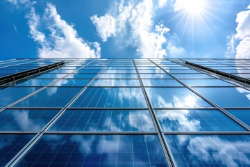 Transparent solar panels on a building facade, harnessing energy with a clear sky in the background.