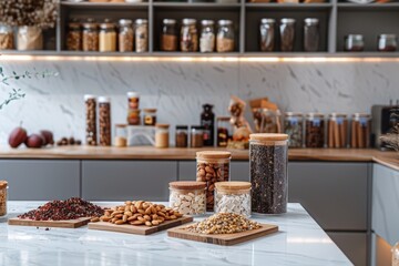 Elegant kitchen pantry arrangement featuring a selection of healthy foods including nuts, seeds,...