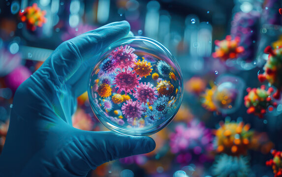 A person is holding a glass container with a bunch of colorful germs in it