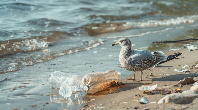 An evocative image capturing a lone seagull navigating through a sea polluted with plastic bags and bottles, underscoring the devastating consequences of plastic pollution on marine ecosystems. 
