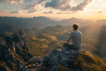 Young man looking out at the view from top of the mountain. AI generative