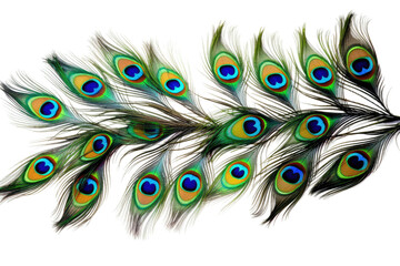 Obraz premium Close Up of a Peacock Feather on White Background. On a White or Clear Surface PNG Transparent Background..