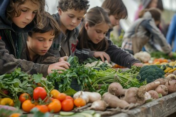 Children learning about vegetables at a farm-to-table program, harvesting fresh produce. - obrazy, fototapety, plakaty