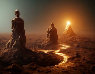Ethereal Wanderers: Enigmatic Silhouettes in a Molten Realm"