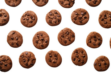 Close Up of Many Chocolate Chip Cookies. On a White or Clear Surface PNG Transparent Background..