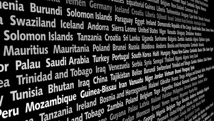 Country names on black background breaking news about global discovery and beautiful places for dream vacations