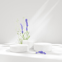 3D rendering of product display podium and decorated with lavender flowers