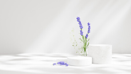 3D rendering of product display podium and decorated with lavender flowers