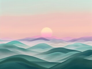 A serene landscape of rolling hills under a pastel sunrise, embodying tranquility and natural beauty. Generative AI