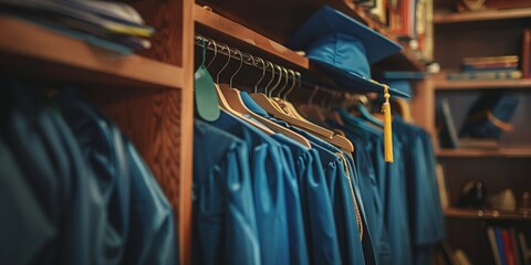 A closet full of blue graduation gowns hanging on a rack