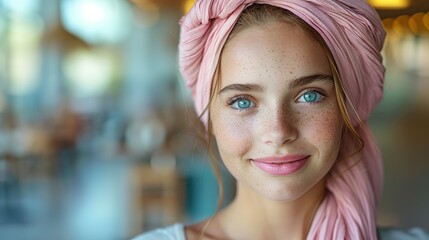 Happy cancer patient. Smiling girl after chemotherapy treatment at hospital oncology department. Leukemia cancer recovery. Cancer survivor. Portrait smiling bald cute girl with a pink headscarf - obrazy, fototapety, plakaty