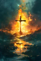 Fotobehang A spiritual illustration of Jesus on the cross with a biblical landscape in the background, symbolizing faith and the holy bible. Suitable for religious events and art. © Jhon