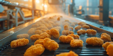 A conveyor belt with many pieces of fried chicken on it
