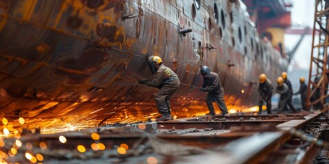 A group of workers are working on a ship