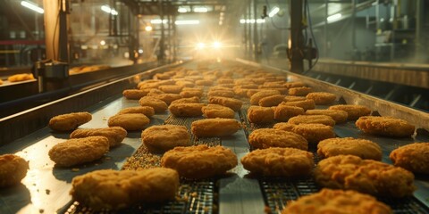 A conveyor belt with many pieces of fried chicken on it