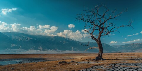 A lone tree stands in a dry, barren field
