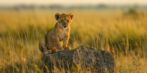 A baby lion is sitting on a rock in a field