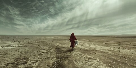A woman in a red coat is walking across a desert