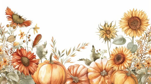Bountiful autumn harvest composition with pumpkins and sunflowers, vintage watercolor