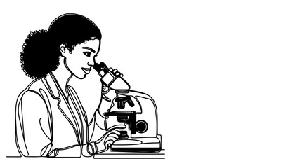 one continuous black line drawing sketch doctor woman looking at pouring liquid in test tube of clear solution in a Scientist laboratory International Doctor Day concept vector illustration
