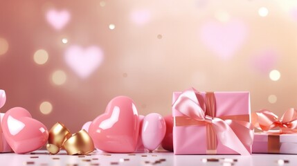 Fototapeta na wymiar Happy Valentines Day banner Pink and gold hearts foil balloons with gifts on pink bokeh Valentine's Day background Romantic banner Background