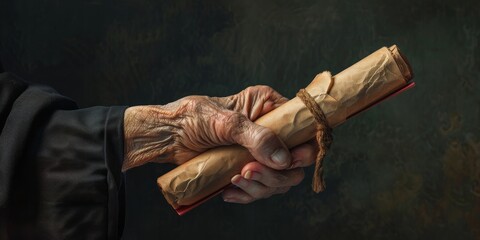 A hand holding a scroll with a red ribbon tied around it