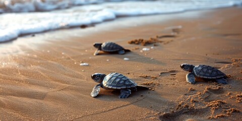 Three baby turtles are walking on the beach - obrazy, fototapety, plakaty