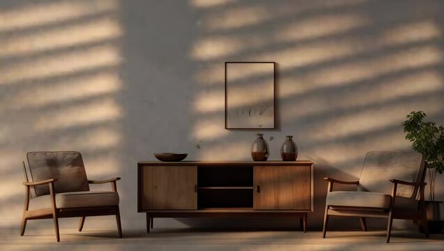 Minimalist modern lounge with a captivating shadow window. Contemporary interior elegance.
 Seamless looping 4k time-lapse virtual video animation background. Generated AI