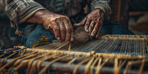 A woman is weaving a piece of cloth - obrazy, fototapety, plakaty