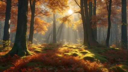 Deurstickers Autumn Scenery,Vivid morning in colorful forest with sun rays through branches of trees. Scenery of nature with sunlight   © Amir Bajric
