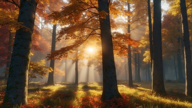 Autumn Scenery,Vivid morning in colorful forest with sun rays through branches of trees. Scenery of nature with sunlight	

