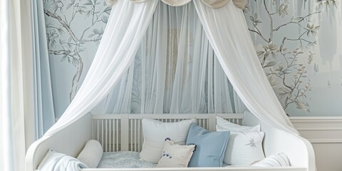 A white canopy bed with a blue and white wall behind it - obrazy, fototapety, plakaty